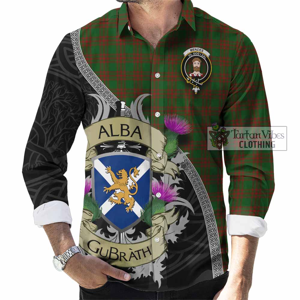 Tartan Vibes Clothing Menzies Tartan Family Crest Long Sleeve Button Shirt Lion Rampant Royal Thistle Shield Celtic Inspired