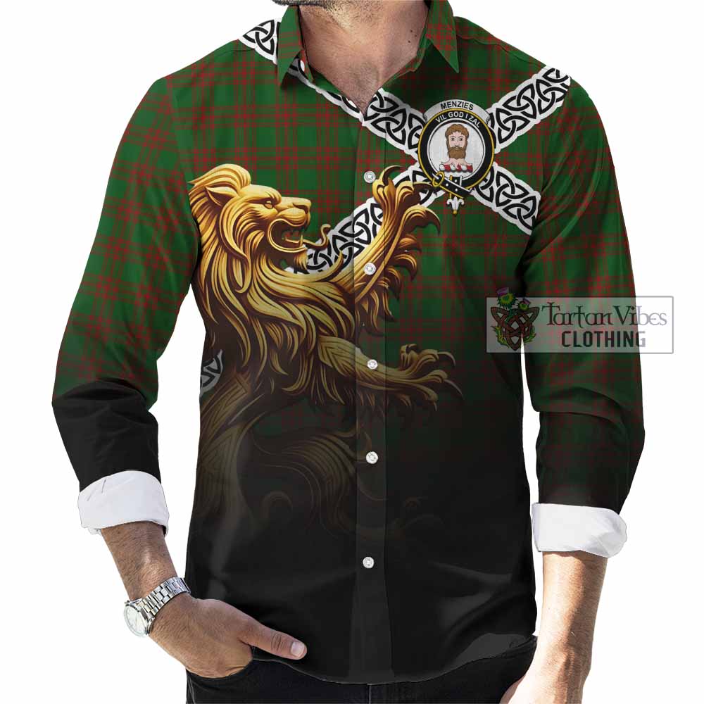 Tartan Vibes Clothing Menzies Crest Tartan Long Sleeve Button Shirt with Golden Lion Emblem Celtic Style