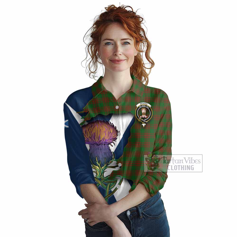 Tartan Vibes Clothing Menzies Tartan Family Crest Women's Casual Shirt Scottish Thistle Celtic Inspired