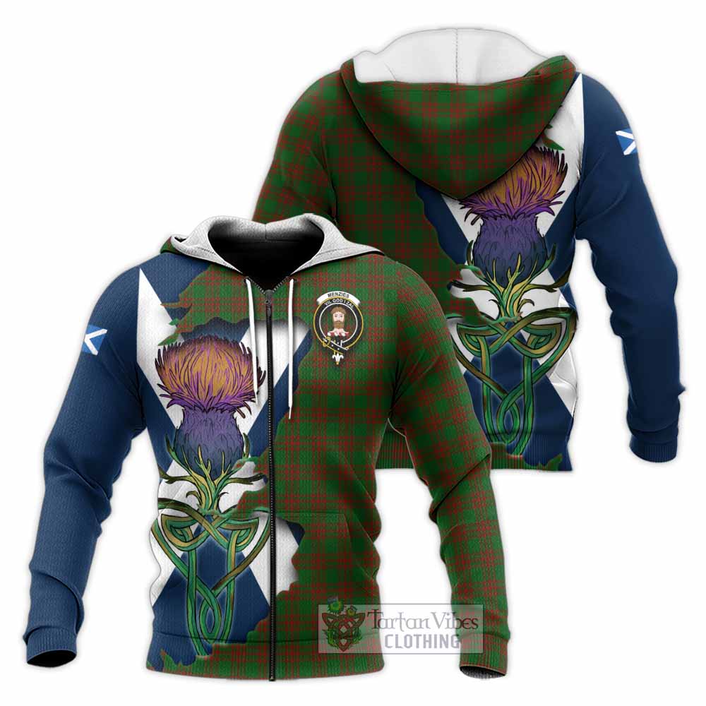 Tartan Vibes Clothing Menzies Tartan Family Crest Knitted Hoodie Scottish Thistle Celtic Inspired