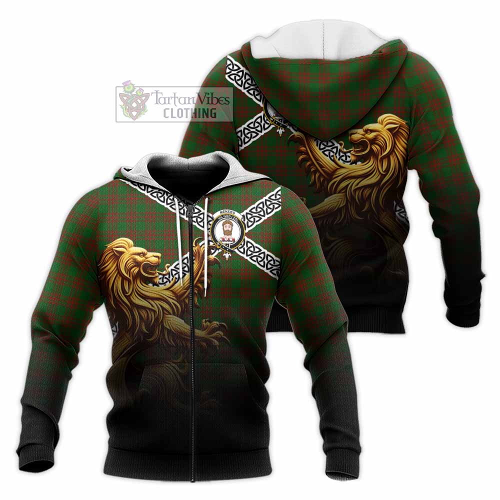 Tartan Vibes Clothing Menzies Crest Tartan Knitted Hoodie with Golden Lion Emblem Celtic Style