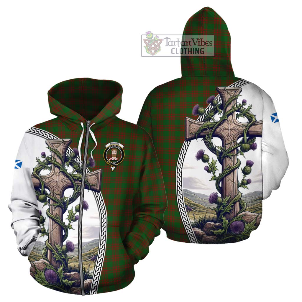 Tartan Vibes Clothing Menzies Tartan Cotton Hoodie with Family Crest and St. Andrew's Cross Accented by Thistle Vines