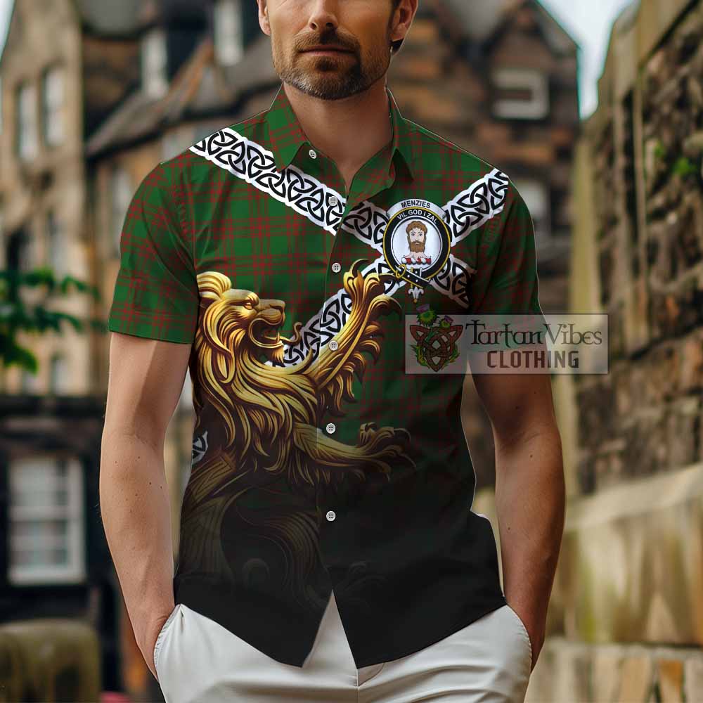 Menzies Crest Tartan Hawaiian Shirt with Golden Lion Emblem Celtic Style