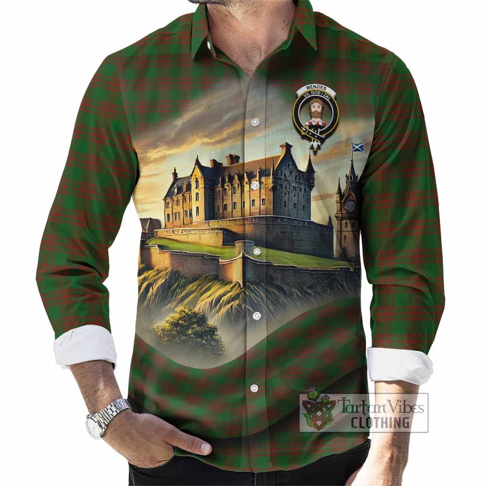 Tartan Vibes Clothing Menzies Tartan Family Crest Long Sleeve Button Shirt with Scottish Ancient Castle Style