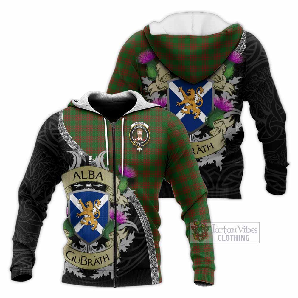 Tartan Vibes Clothing Menzies Tartan Family Crest Knitted Hoodie Lion Rampant Royal Thistle Shield Celtic Inspired