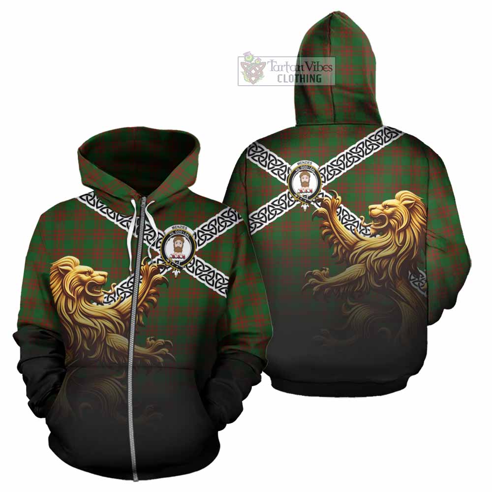 Menzies Crest Tartan Hoodie with Golden Lion Emblem Celtic Style Zip Hoodie - Tartan Vibes Clothing