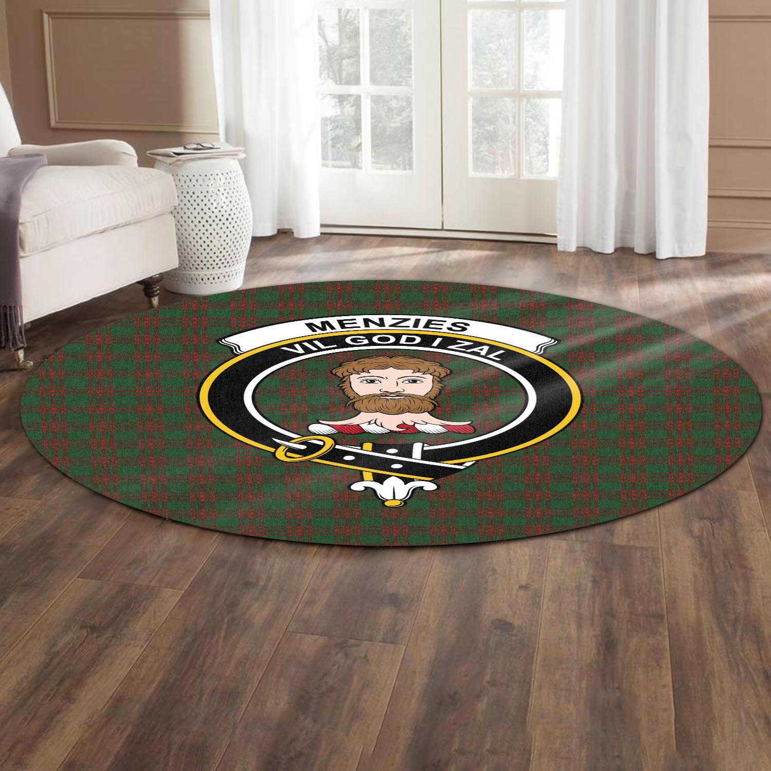 Menzies Tartan Round Rug with Family Crest - Tartan Vibes Clothing