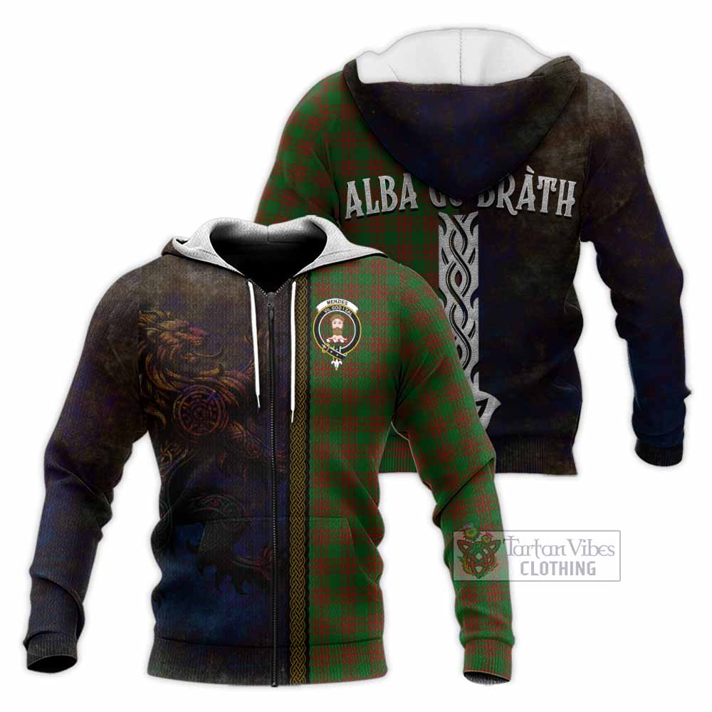 Tartan Vibes Clothing Menzies Tartan Family Crest Knitted Hoodie Alba Gu Brath Be Brave Lion Ancient Style