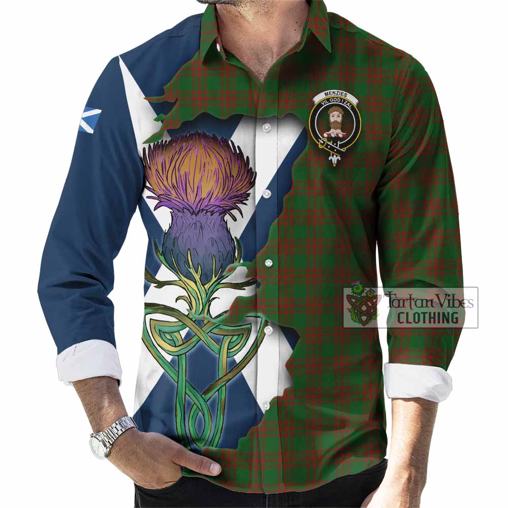 Menzies Tartan Family Crest Long Sleeve Button Shirt Scottish Thistle Celtic Inspired - Tartan Vibes Clothing