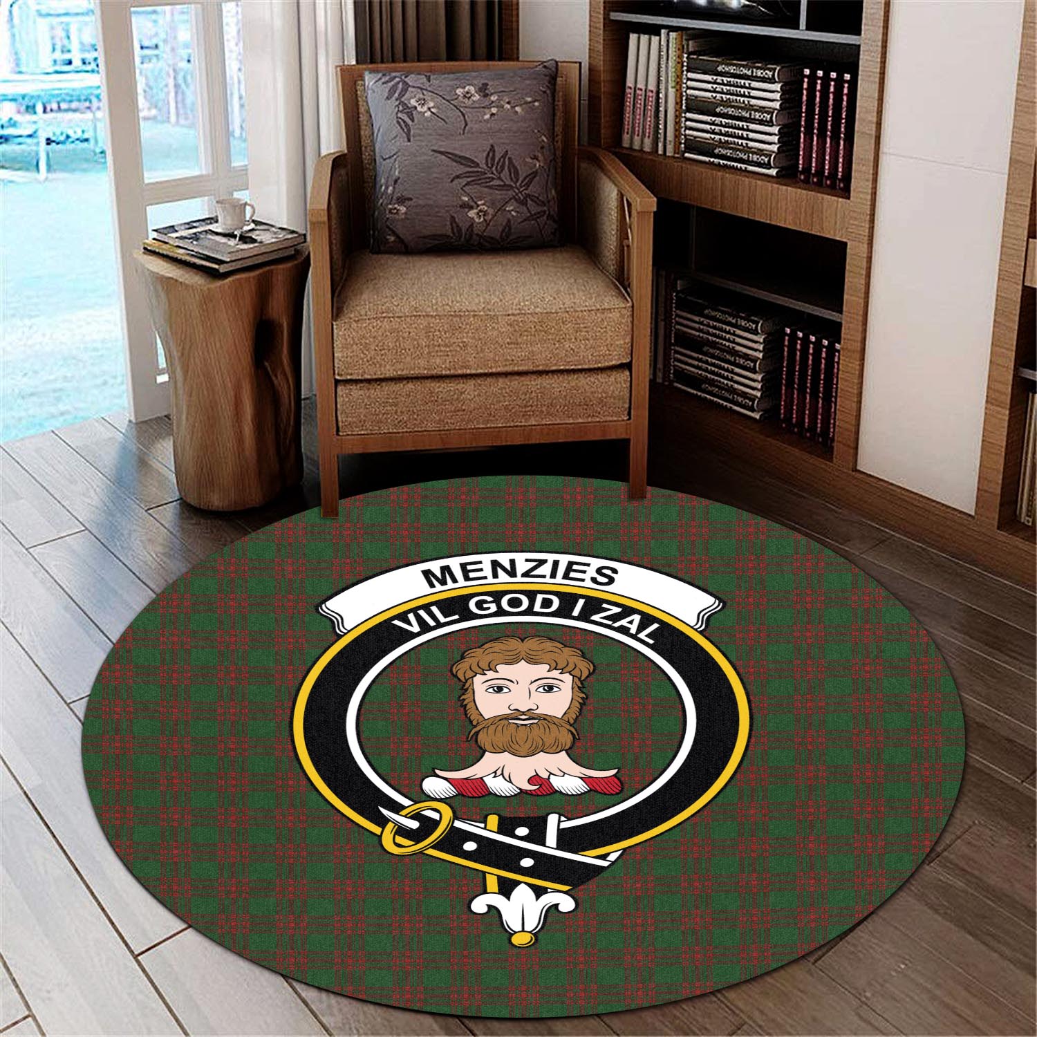 Menzies Tartan Round Rug with Family Crest - Tartan Vibes Clothing