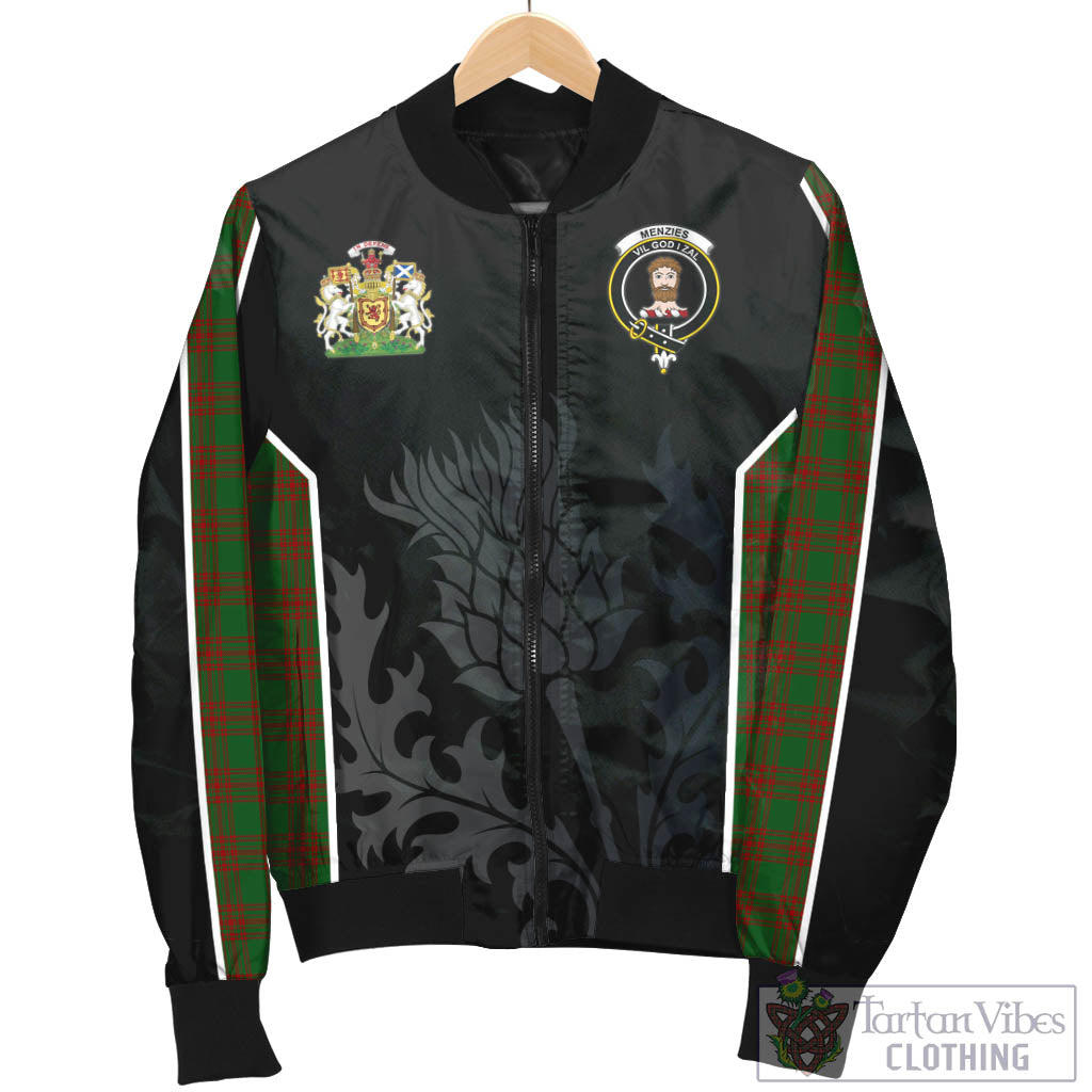 Tartan Vibes Clothing Menzies Tartan Bomber Jacket with Family Crest and Scottish Thistle Vibes Sport Style