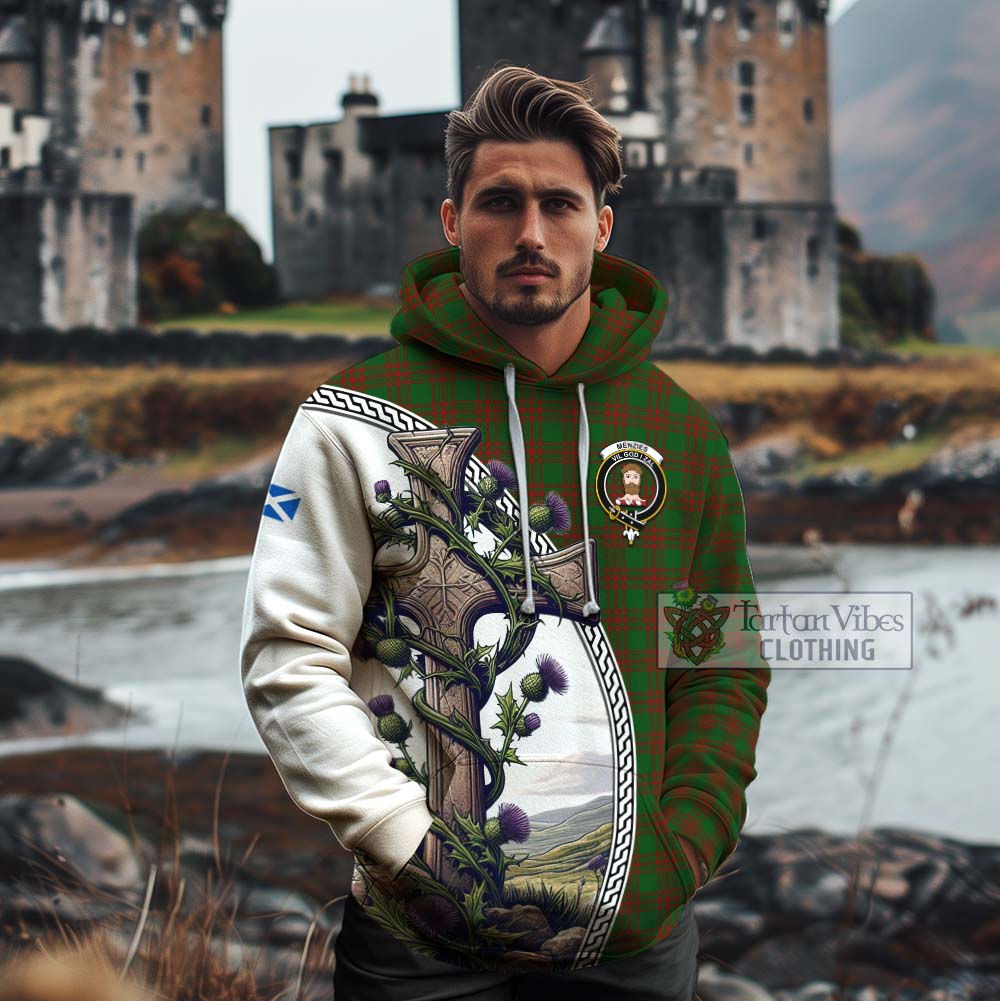Tartan Vibes Clothing Menzies Tartan Cotton Hoodie with Family Crest and St. Andrew's Cross Accented by Thistle Vines