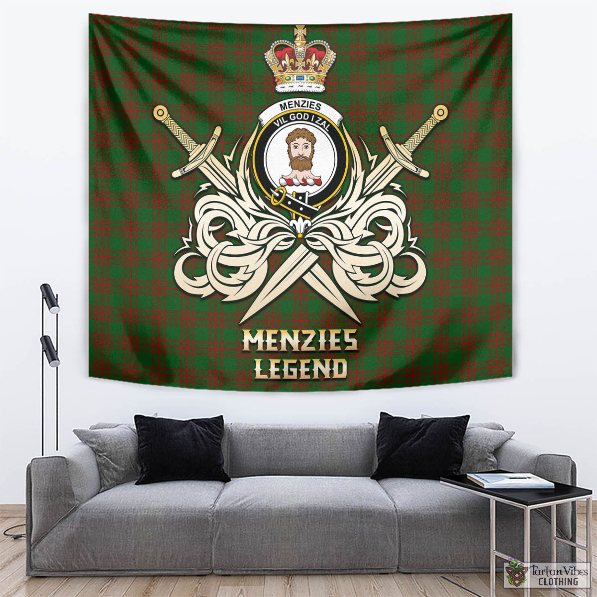 Tartan Vibes Clothing Menzies Tartan Tapestry with Clan Crest and the Golden Sword of Courageous Legacy