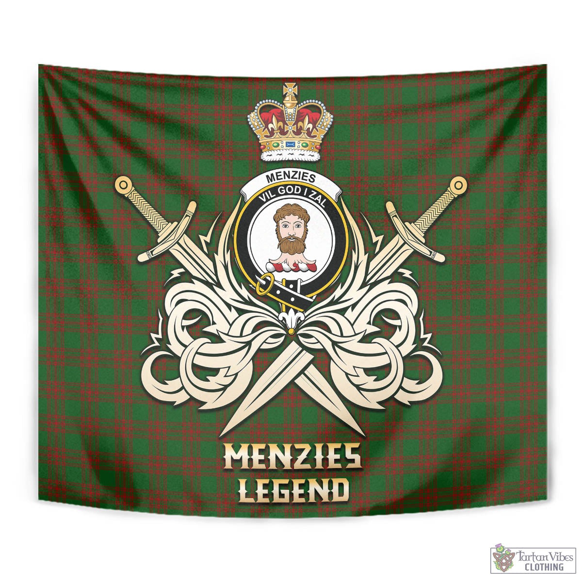 Tartan Vibes Clothing Menzies Tartan Tapestry with Clan Crest and the Golden Sword of Courageous Legacy
