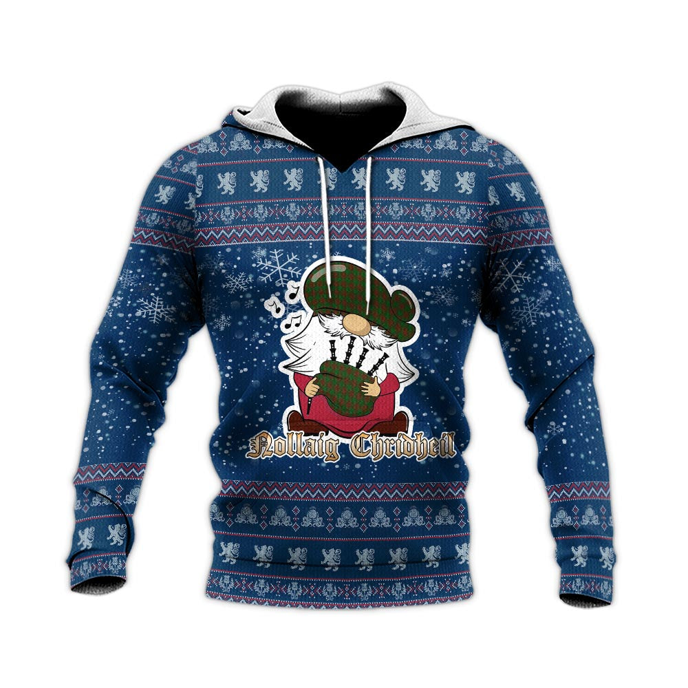 Menzies Clan Christmas Knitted Hoodie with Funny Gnome Playing Bagpipes - Tartanvibesclothing