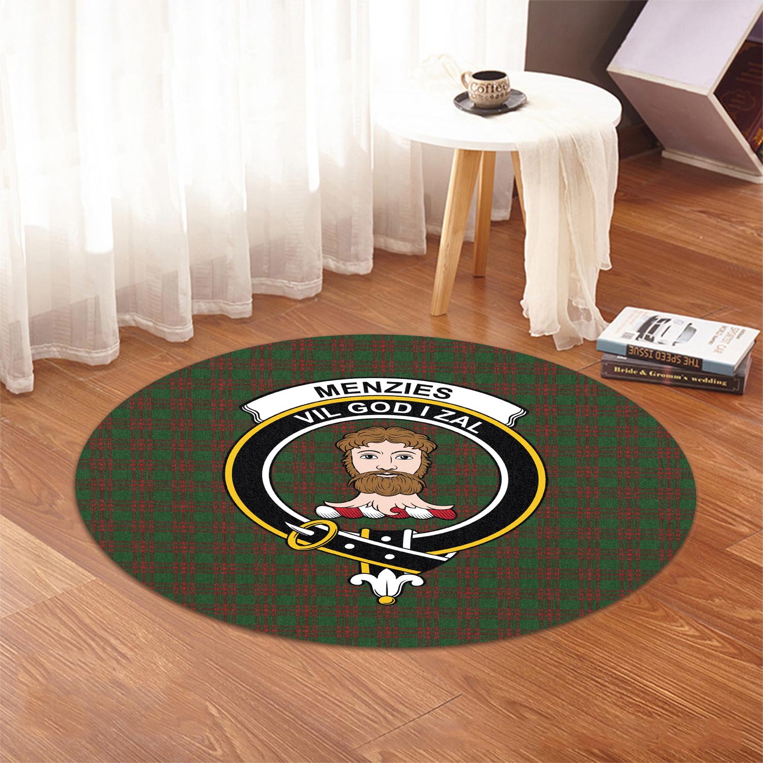 Menzies Tartan Round Rug with Family Crest - Tartan Vibes Clothing