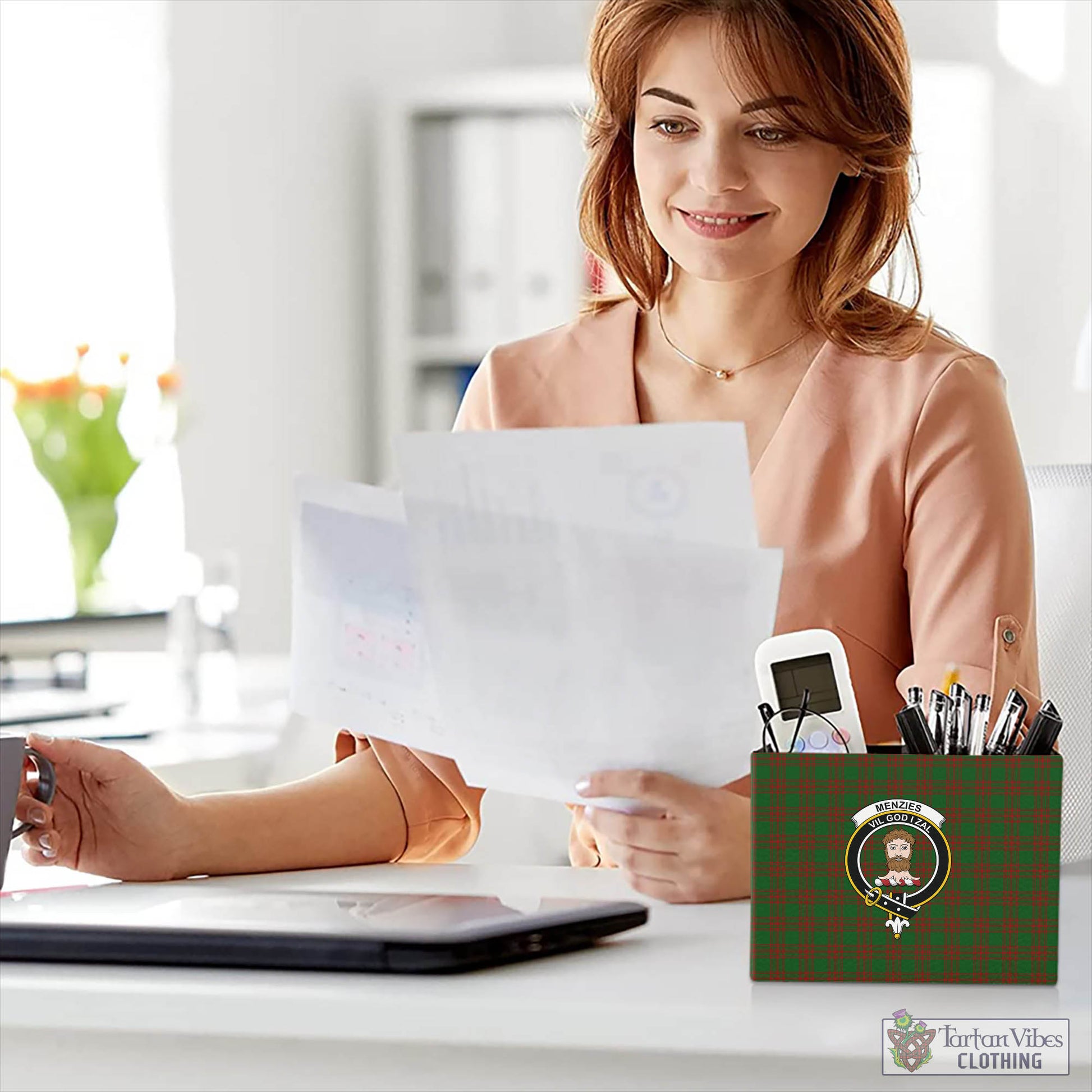 Menzies Tartan Pen Holder with Family Crest - Tartan Vibes Clothing