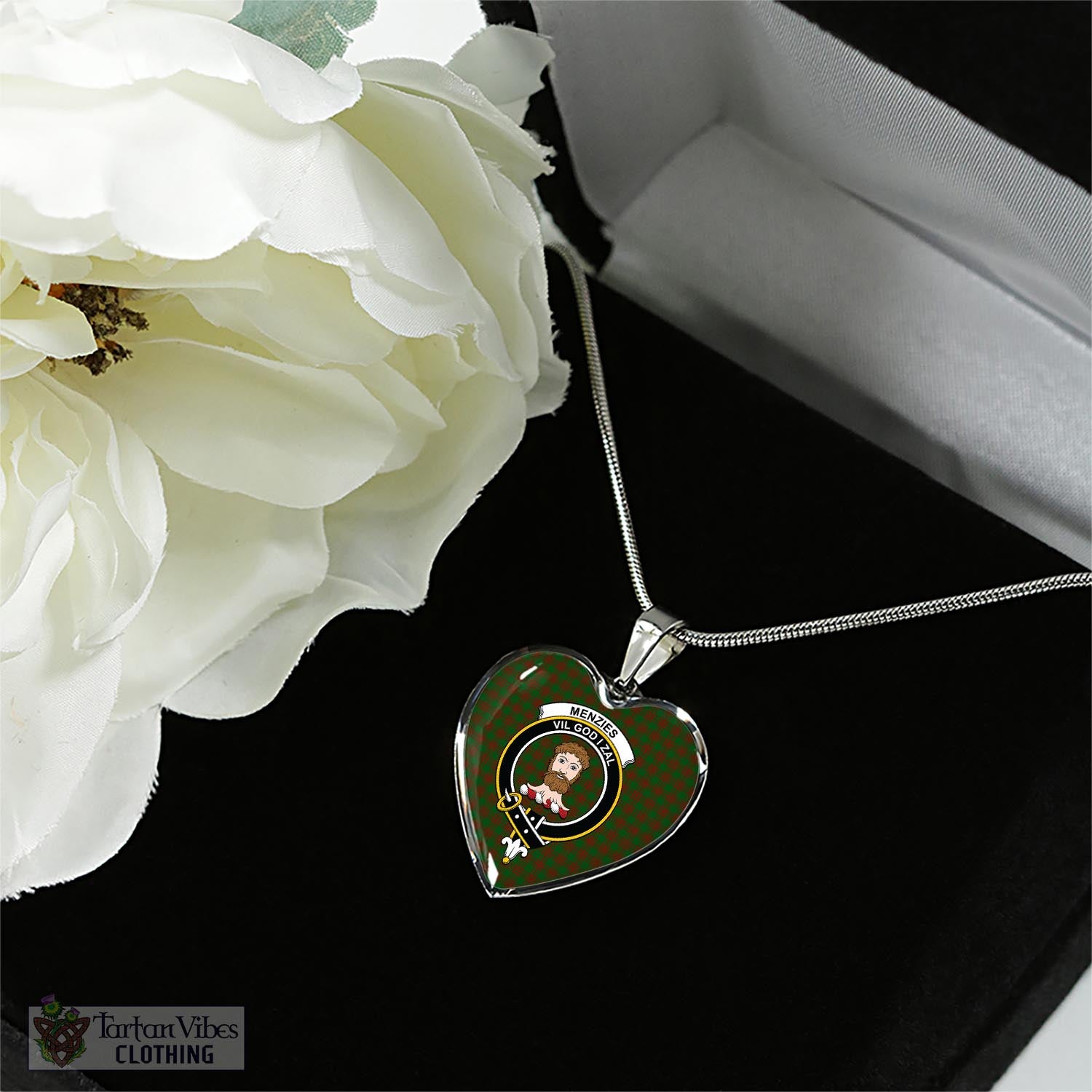 Menzies Tartan Heart Necklace with Family Crest - Tartan Vibes Clothing