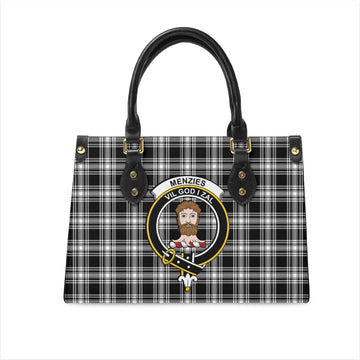 Menzies Black and White Tartan Leather Bag with Family Crest