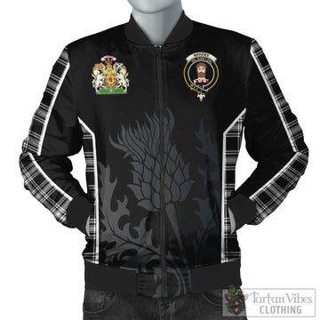 Menzies Black and White Tartan Bomber Jacket with Family Crest and Scottish Thistle Vibes Sport Style