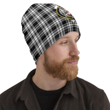 Menzies Black and White Tartan Beanies Hat with Family Crest