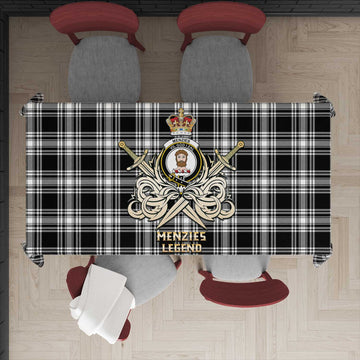 Menzies Black and White Tartan Tablecloth with Clan Crest and the Golden Sword of Courageous Legacy