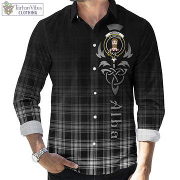 Menzies Black and White Tartan Long Sleeve Button Up Featuring Alba Gu Brath Family Crest Celtic Inspired