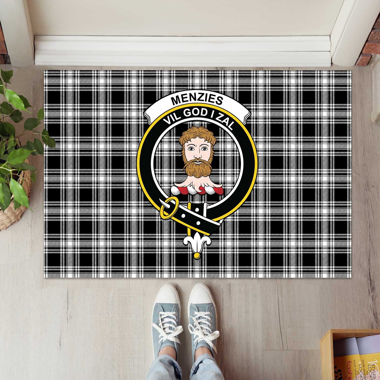 Menzies Black and White Tartan Door Mat with Family Crest - Tartanvibesclothing