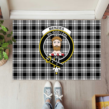 Menzies Black and White Tartan Door Mat with Family Crest