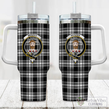 Menzies Black and White Tartan and Family Crest Tumbler with Handle