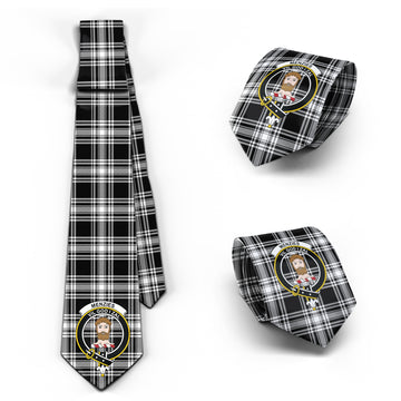 Menzies Black and White Tartan Classic Necktie with Family Crest