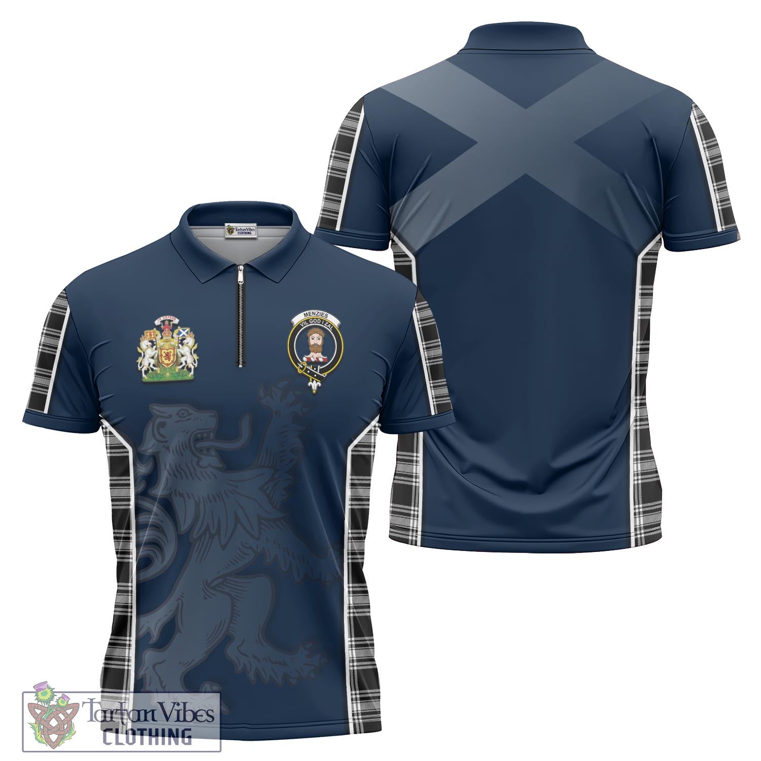 Tartan Vibes Clothing Menzies Black and White Tartan Zipper Polo Shirt with Family Crest and Lion Rampant Vibes Sport Style