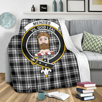 Menzies Black and White Tartan Blanket with Family Crest