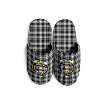 Menzies Black and White Tartan Home Slippers with Family Crest