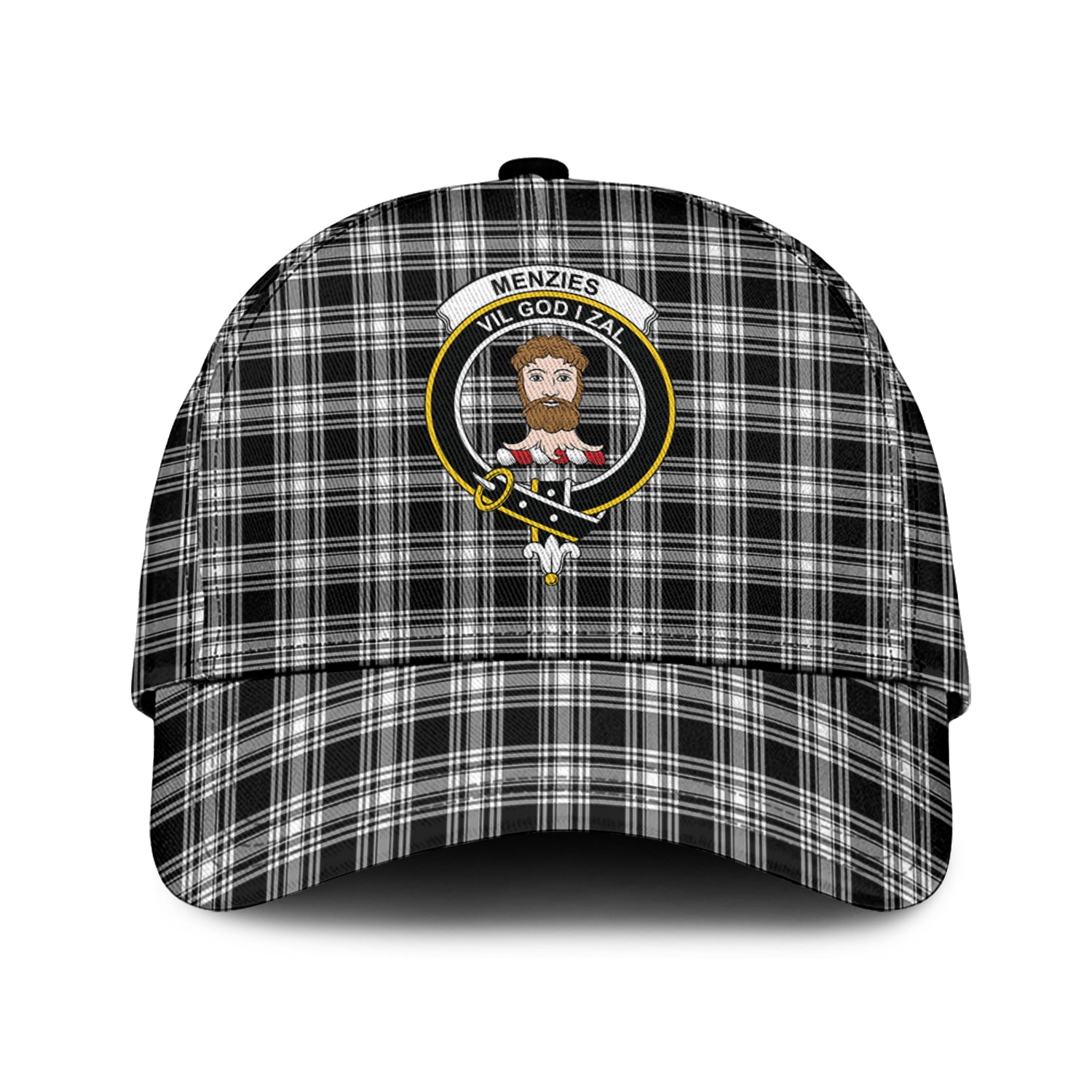 menzies-black-and-white-tartan-classic-cap-with-family-crest