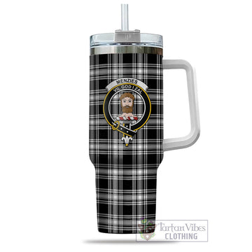 Menzies Black and White Tartan and Family Crest Tumbler with Handle