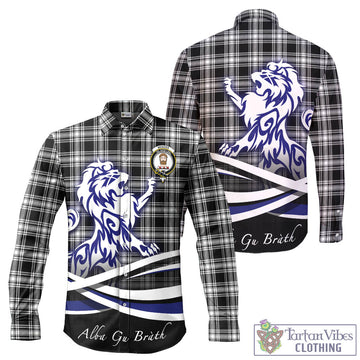 Menzies Black and White Tartan Long Sleeve Button Up Shirt with Alba Gu Brath Regal Lion Emblem