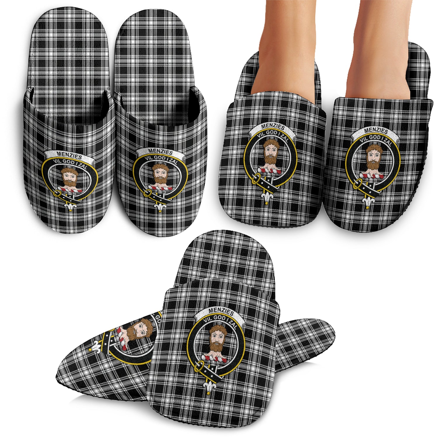 Menzies Black and White Tartan Home Slippers with Family Crest - Tartanvibesclothing Shop