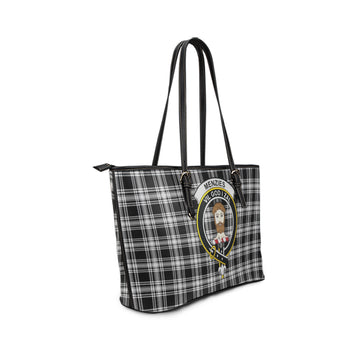 Menzies Black and White Tartan Leather Tote Bag with Family Crest