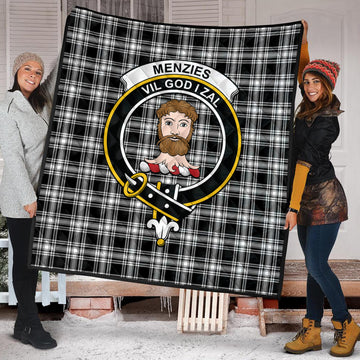 Menzies Black and White Tartan Quilt with Family Crest