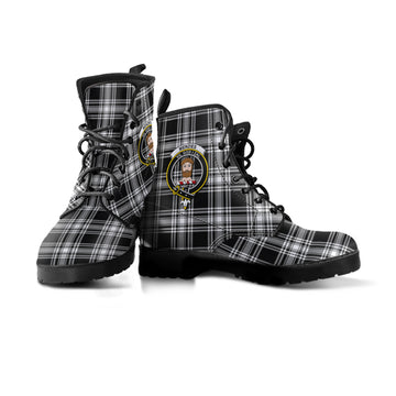 Menzies Black and White Tartan Leather Boots with Family Crest