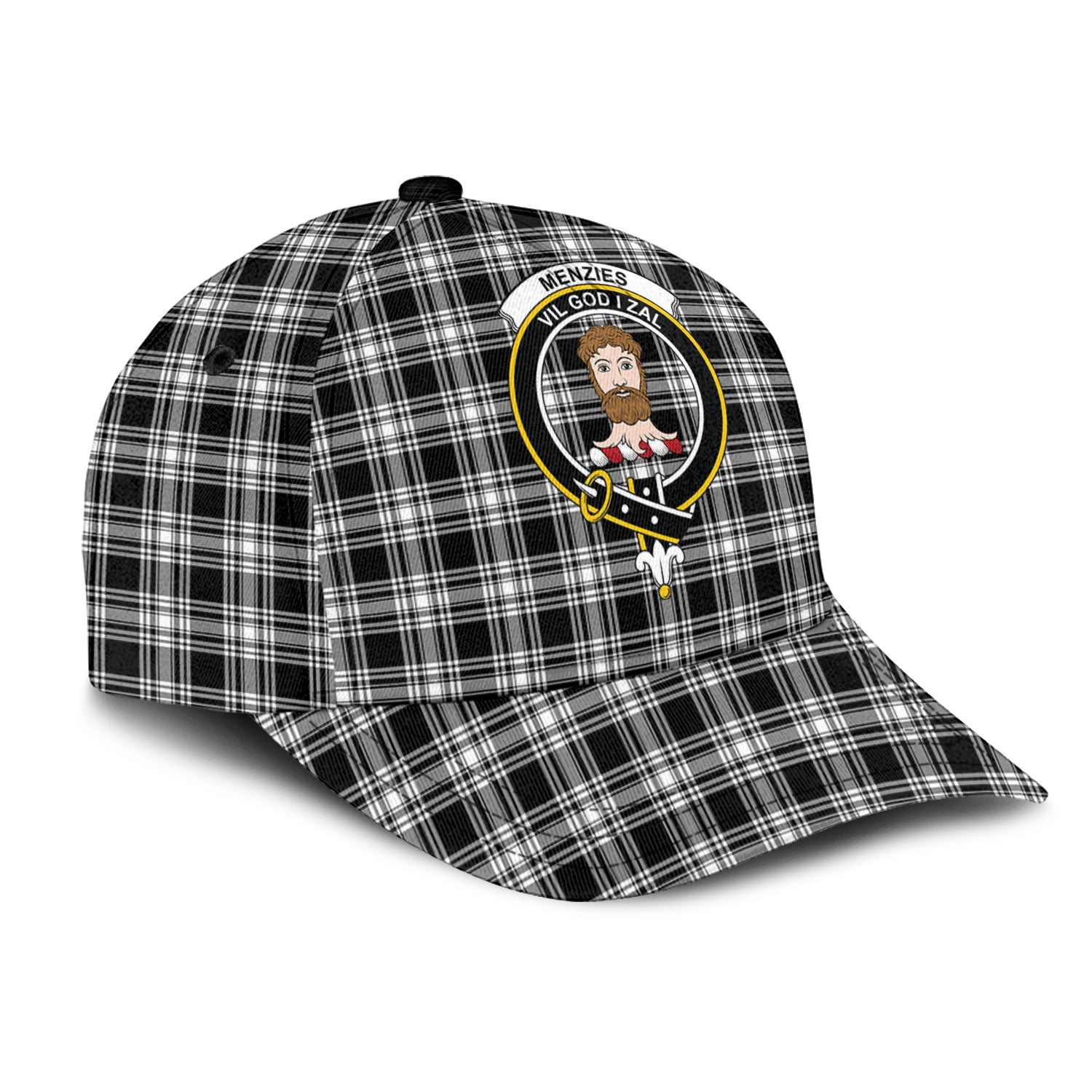 menzies-black-and-white-tartan-classic-cap-with-family-crest
