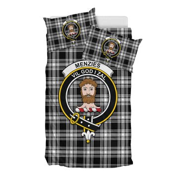 Menzies Black and White Tartan Bedding Set with Family Crest
