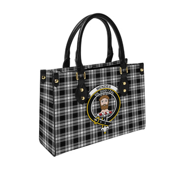 Menzies Black and White Tartan Leather Bag with Family Crest
