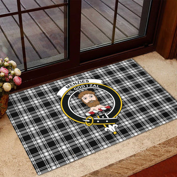 Menzies Black and White Tartan Door Mat with Family Crest