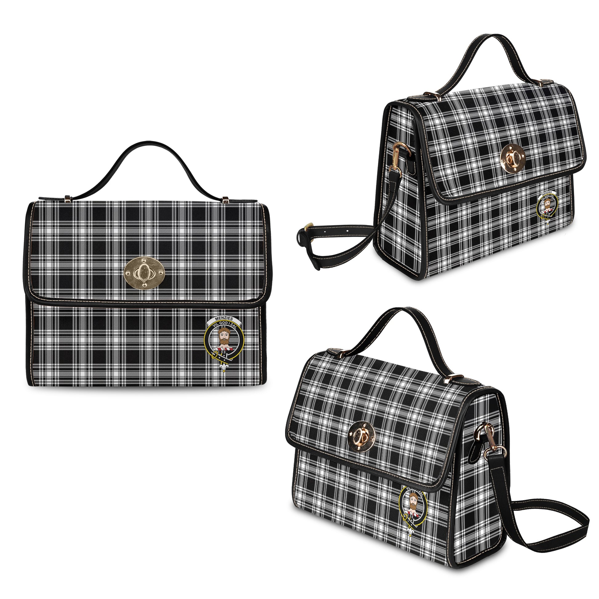 menzies-black-and-white-tartan-leather-strap-waterproof-canvas-bag-with-family-crest