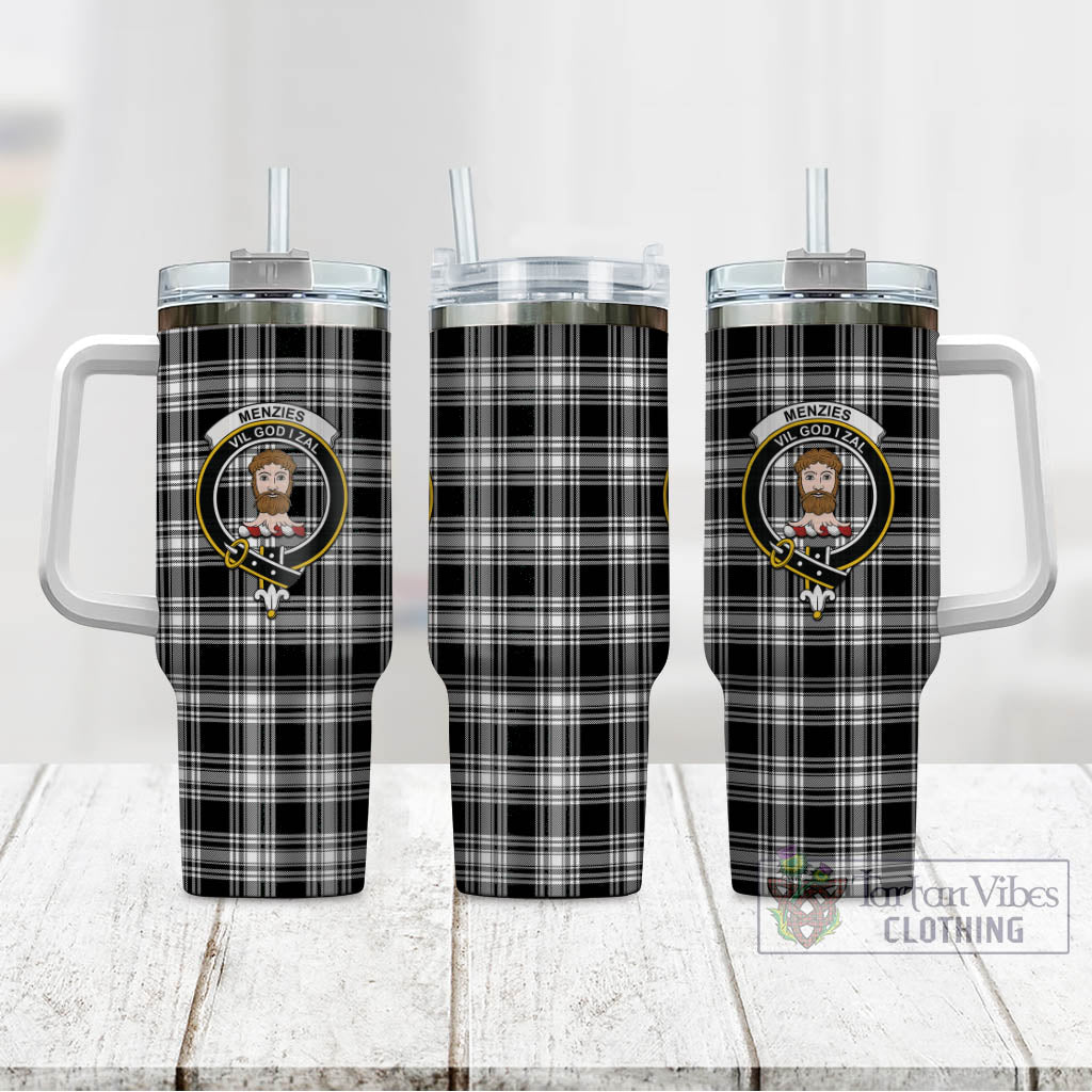 Tartan Vibes Clothing Menzies Black and White Tartan and Family Crest Tumbler with Handle