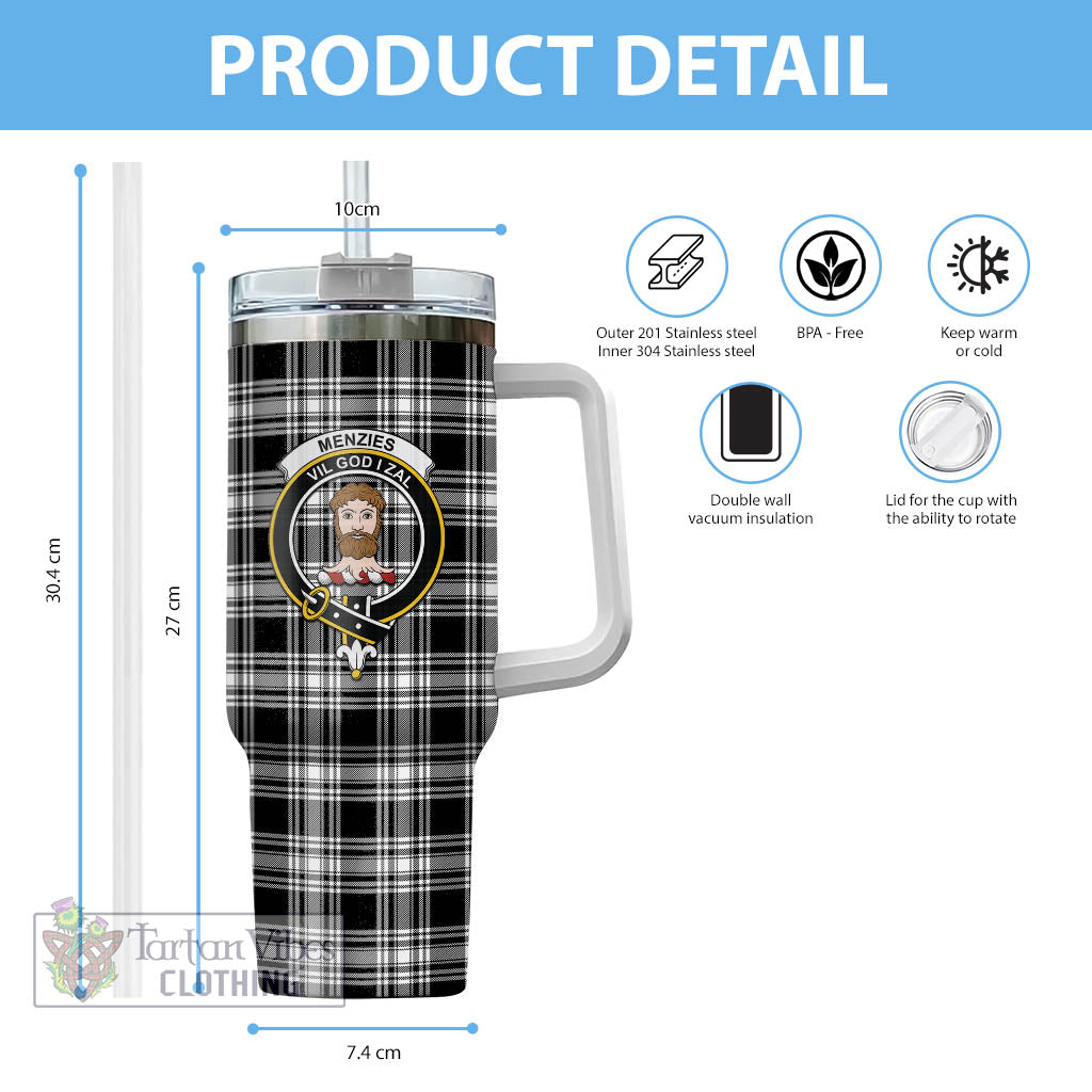 Tartan Vibes Clothing Menzies Black and White Tartan and Family Crest Tumbler with Handle