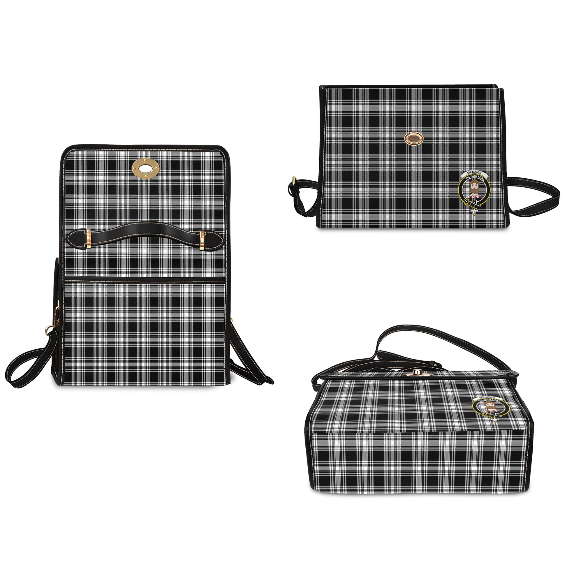 menzies-black-and-white-tartan-leather-strap-waterproof-canvas-bag-with-family-crest