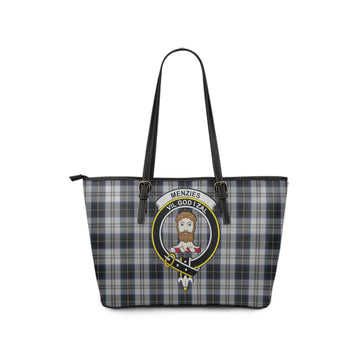 Menzies Black Dress Tartan Leather Tote Bag with Family Crest
